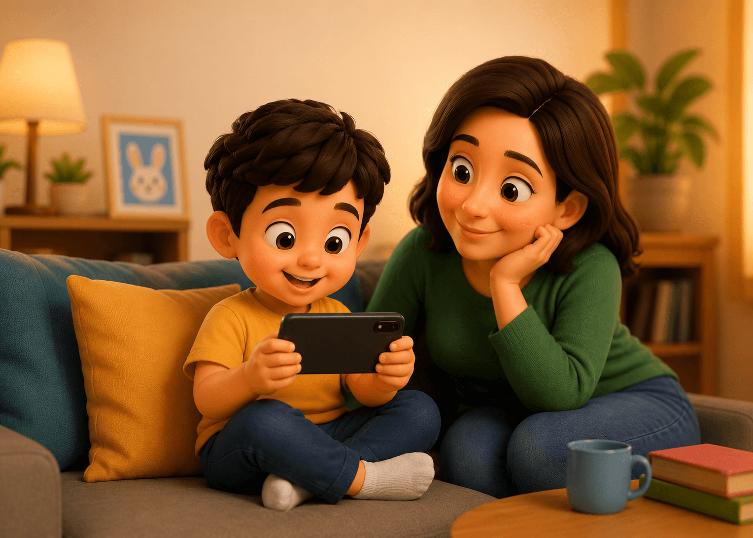 A parent and child watching Pikolo Kids together